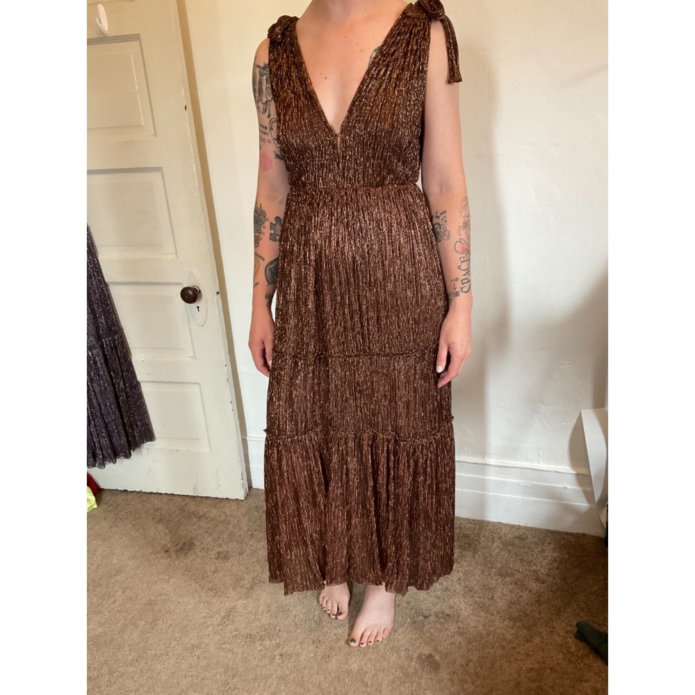 Sabrina Musayev‎ Dress Carry Tiered Bronze Elegant Maxi Metallic Designer Small